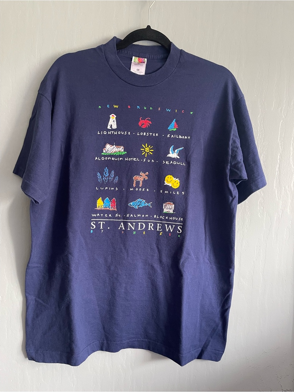 Vintage 90S Fruit of the Loom Heavy Cotton Navy St. Andrews Graphic Tee Size XL